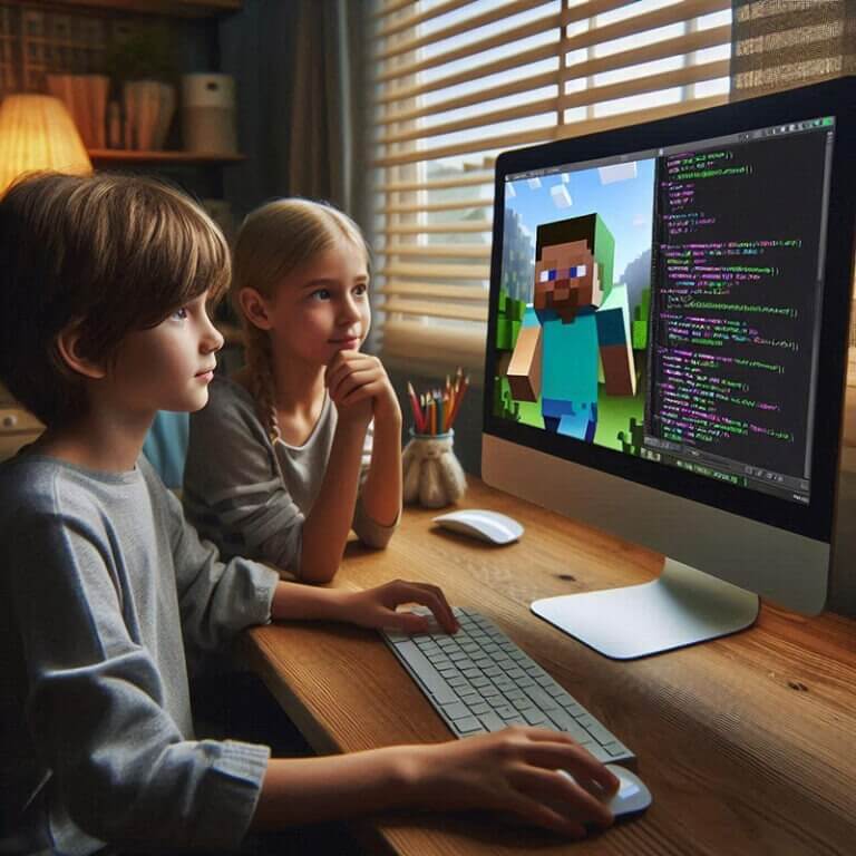 Деца програмират Minecraft на компютър