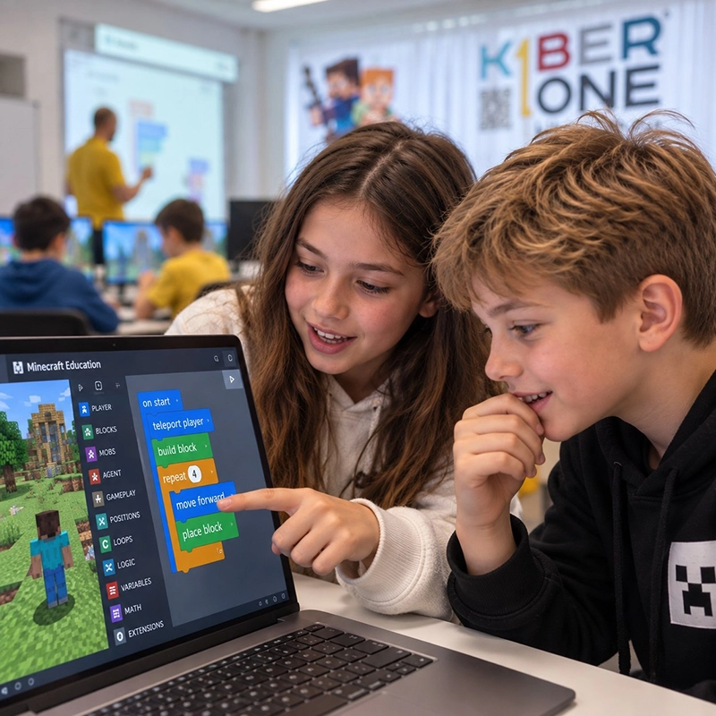 Деца програмират в Minecraft Education по време на урок в KIBERone, откривайки как чрез код могат да управляват герои и да създават собствени дигитални светове.